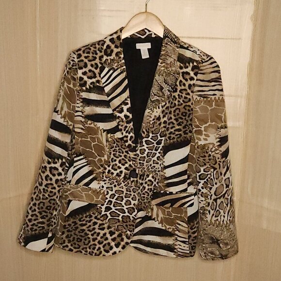Chico's Brown White Silky Animal Print Patchwork Look Blazer Small - Picture 1 of 7